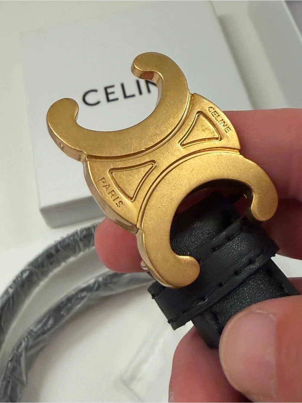 Celine Black Leather Belt with Gold Triomphe Buckle